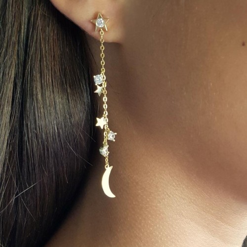 Moon and Star Chain Stone Gold Silver Women's Earrings - CNG Jewels