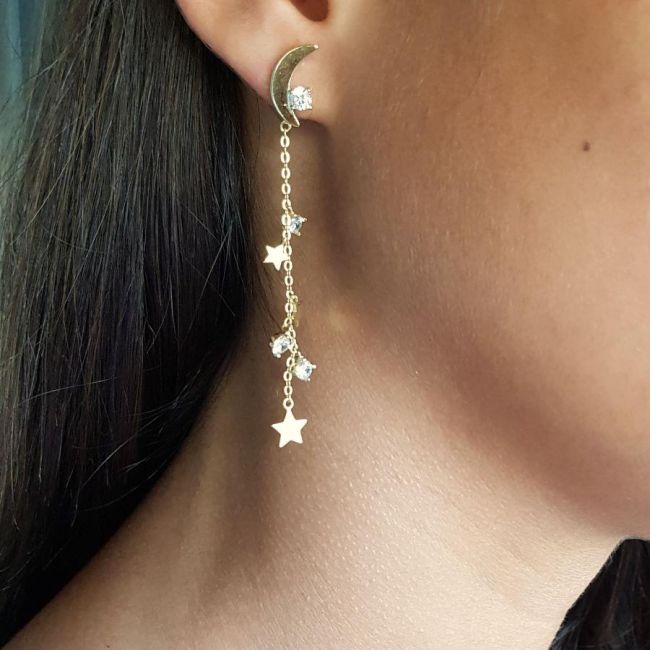 Ay ve Yıldız Zincirli Taşlı Gold Gümüş Kadın Küpe - 2