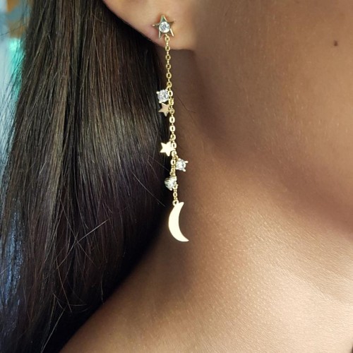 Ay ve Yıldız Zincirli Taşlı Gold Gümüş Kadın Küpe - 3