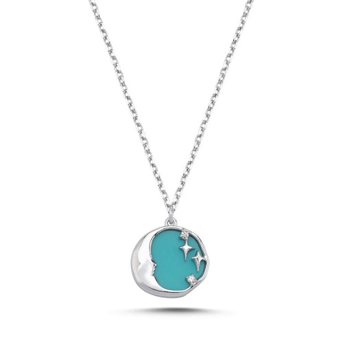 Moon and Stars Turquoise Women's Silver Necklace - CNG Jewels
