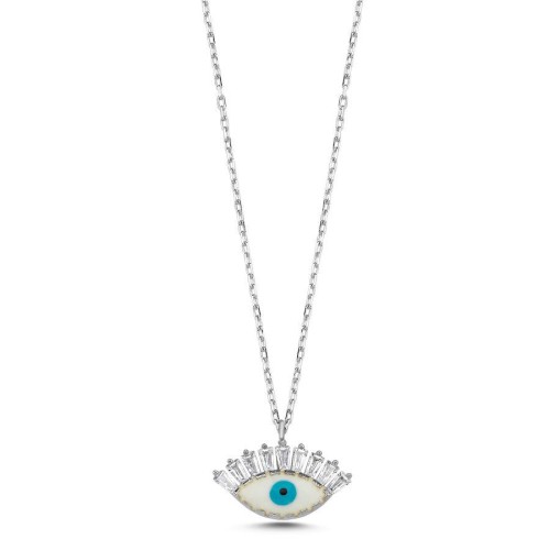 CNG Jewels - Baget Kirpikli Beyaz Göz Minimal Gümüş Kadın Kolye