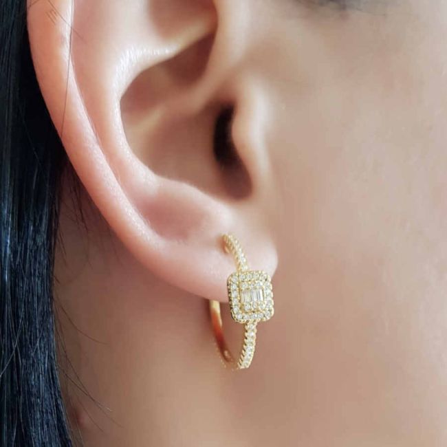 Baget Taşlı Gold Gümüş Halka Kadın Küpe - 2