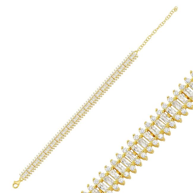 Baget Taşlı Gold Su Yolu Gümüş Bileklik - 1