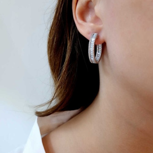 Baguette Stone Silver Oval Hoop Evening Dress Earrings - CNG Jewels (1)