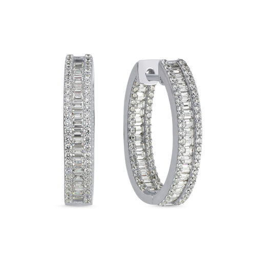 Baguette Stone Silver Oval Hoop Evening Dress Earrings - CNG Jewels