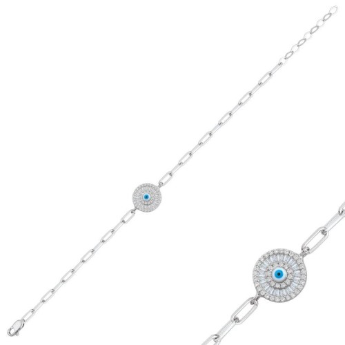 Silver Women's Bracelet with Baguette Stone and Evil Eye Beads - CNG Jewels