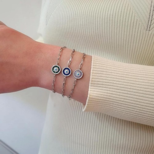 Baget Taşlı Nazar Boncuklu Gümüş Kadın Bileklik - 2