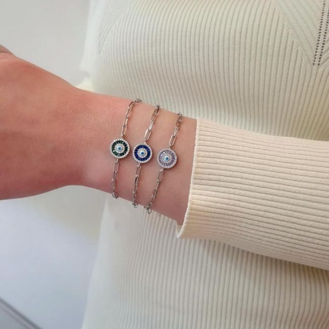 Baget Taşlı Nazar Boncuklu Gümüş Kadın Bileklik - 2