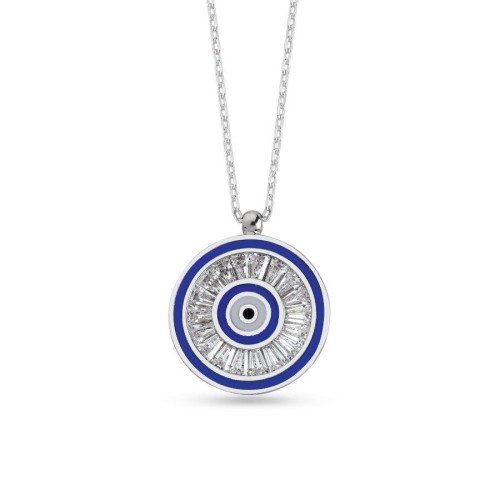 Baget Taşlı Tasarım Nazar Boncuğu Gümüş Kolye - 1