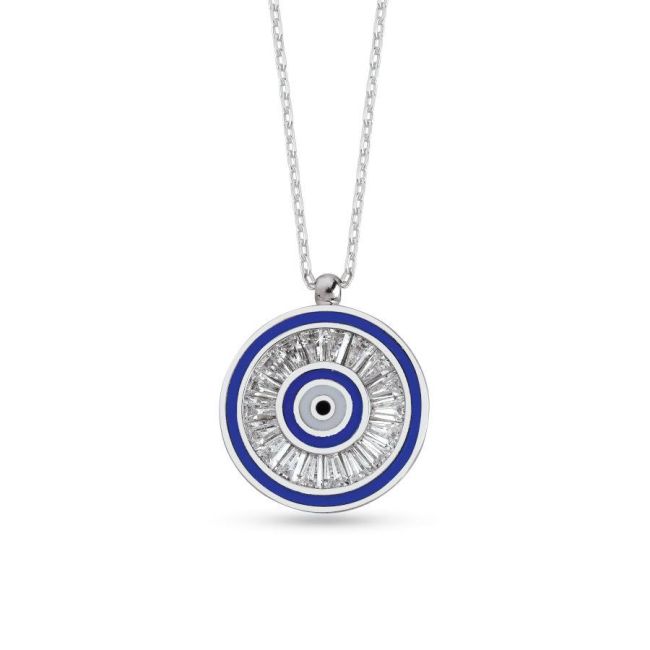 Baget Taşlı Tasarım Nazar Boncuğu Gümüş Kolye - 1