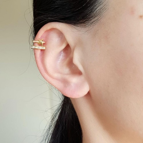 Bagetli Kuyruklu Yıldız Kıkırdak Cuff Gold Gümüş Kadın Küpe - CNG Jewels