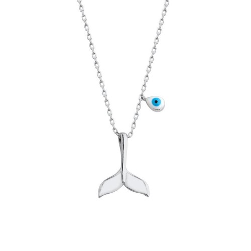 Whale Tail Evil Eye Beaded Women's Silver Necklace - CNG Jewels