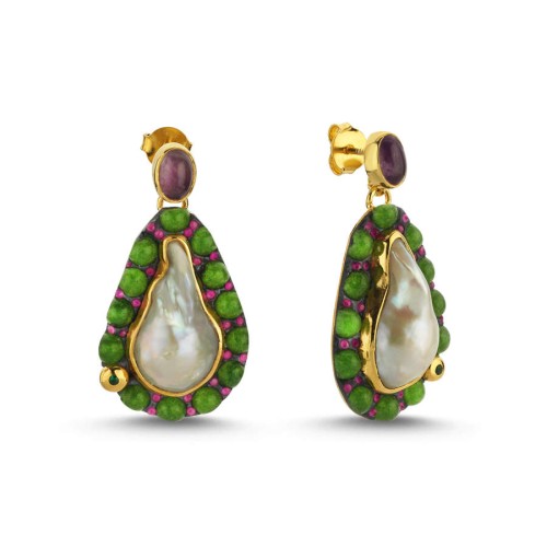 CNG Jewels - Barok İnci Aventurin Sallantılı Tasarım Kadın Gümüş Küpe