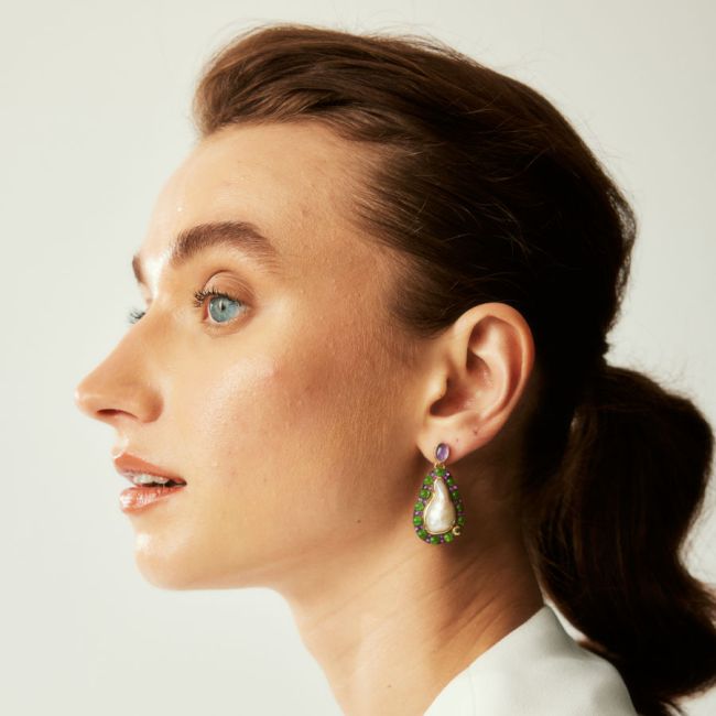 Barok İnci Aventurin Sallantılı Tasarım Kadın Gümüş Küpe - 2