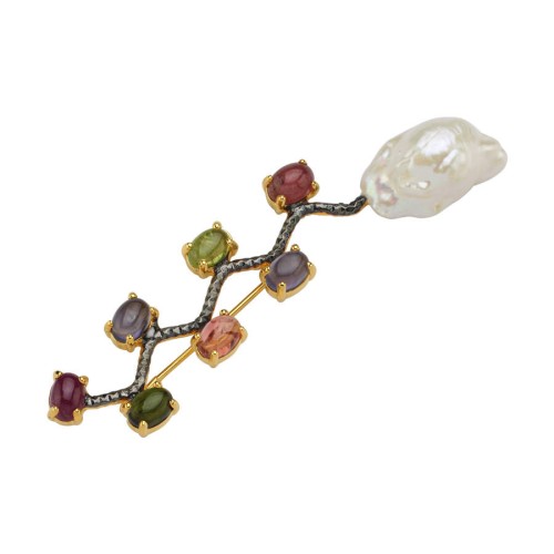 CNG Jewels - Barok İncili Renkli Tasarım Yılan Gümüş Broş
