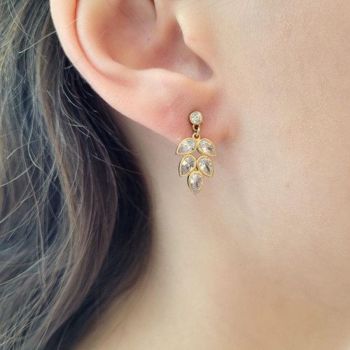 Beş Damla Taşlı Yaprak Gold Gümüş Kadın Küpe - 1