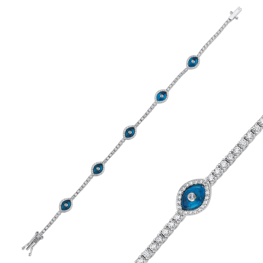 Beşli Badem Cam Göz Gümüş Su Yolu Bileklik - CNG Jewels