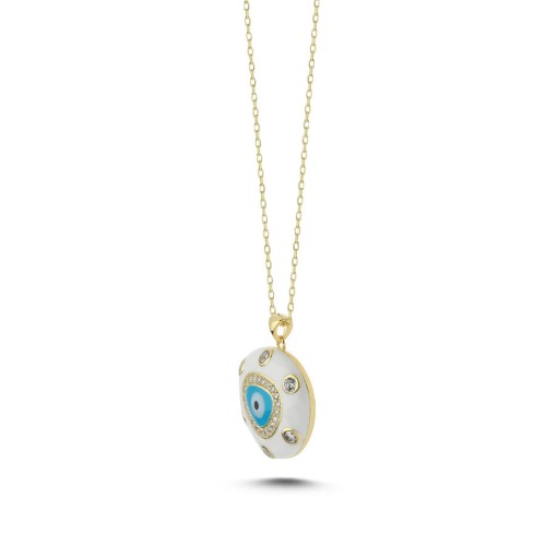 White Blue Enamel Evil Eye Bead Silver Women's Necklace - CNG Jewels (1)