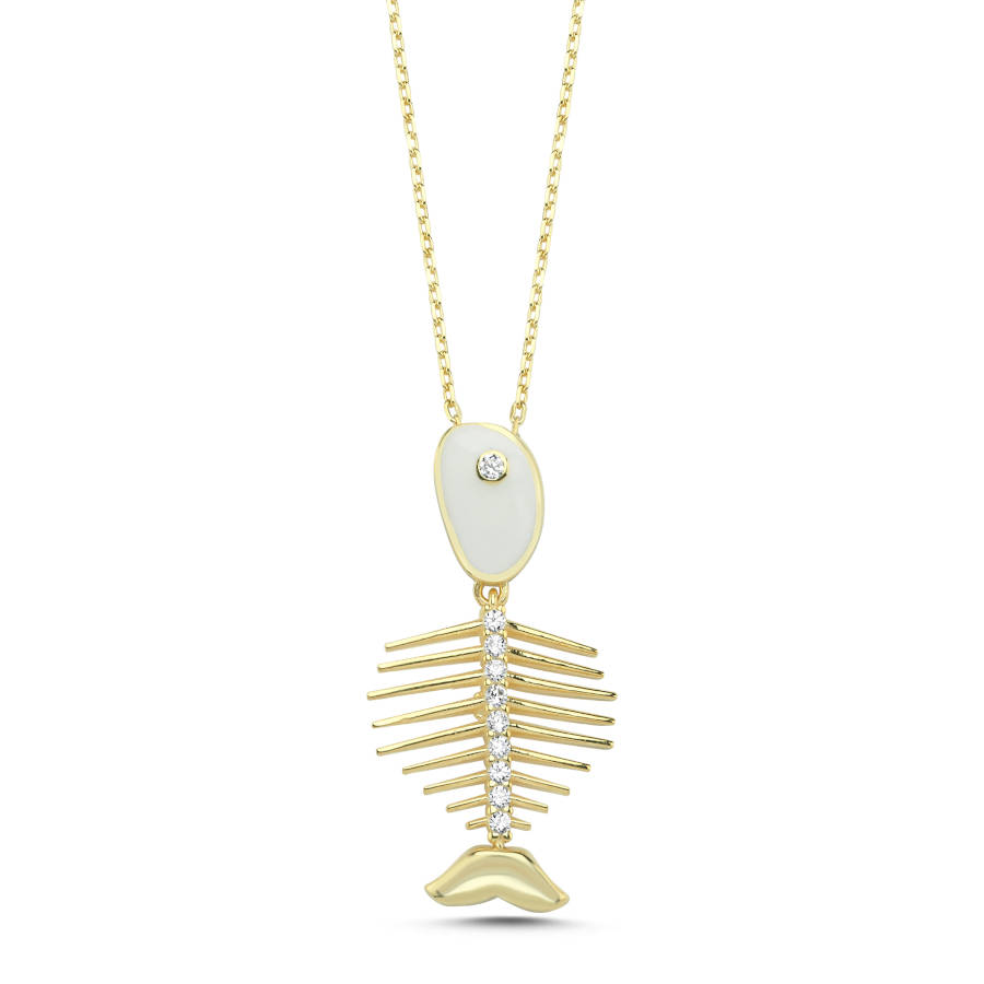White Enamel Fishbone Women's Silver Necklace - CNG Jewels