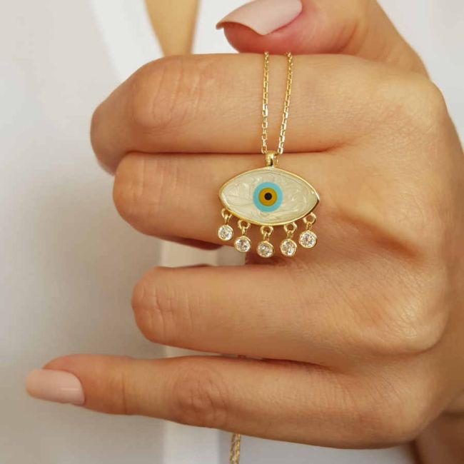 Beyaz Sedef Mineli Nazar Boncuğu Kadın Gümüş Kolye - 3