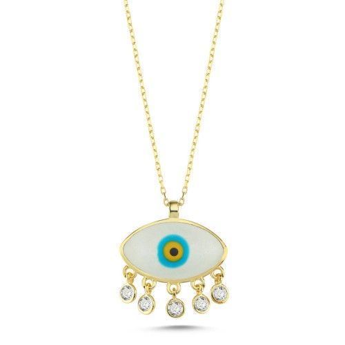 Beyaz Sedef Mineli Nazar Boncuğu Kadın Gümüş Kolye - 1