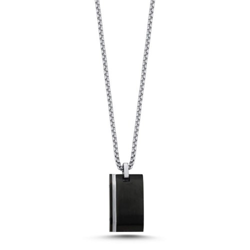 White Striped Black Plate Tag Steel Men's Necklace - 1