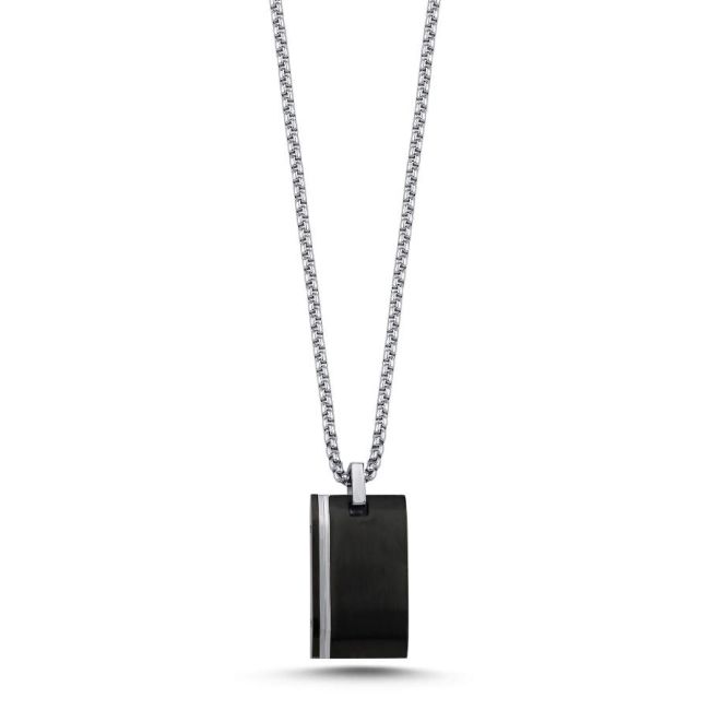 White Striped Black Plate Tag Steel Men's Necklace - 1