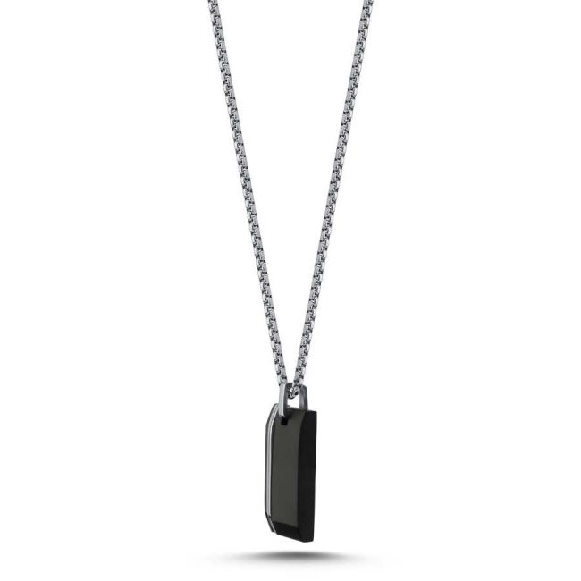 White Striped Black Plate Tag Steel Men's Necklace - 2