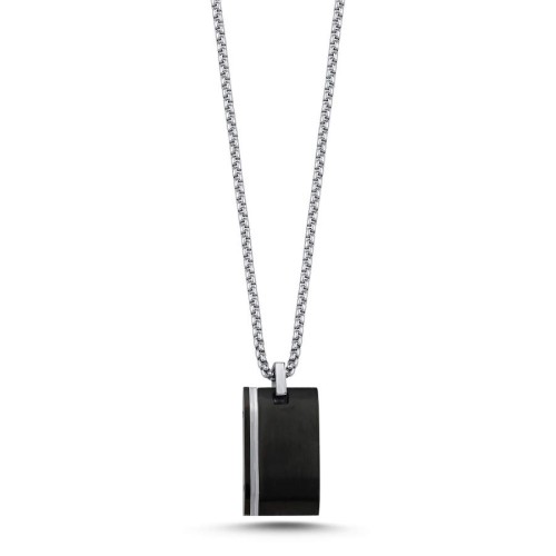 CNG Jewels - Beyaz Şeritli Siyah Plaka Künye Çelik Erkek Kolye