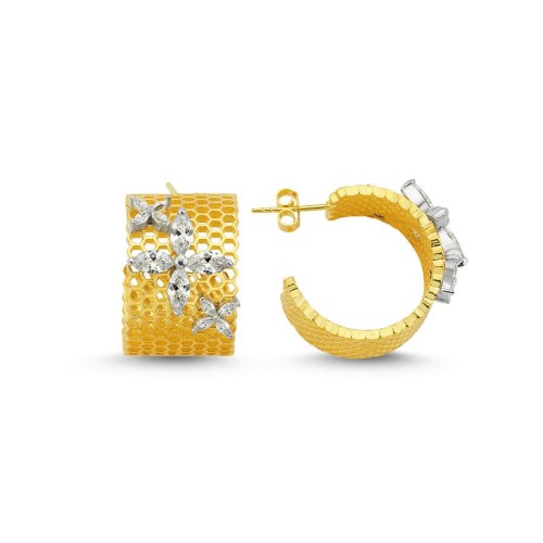 CNG Jewels - Big Tria Markiz Roza Arı Peteği Gold Gümüş Halka Küpe