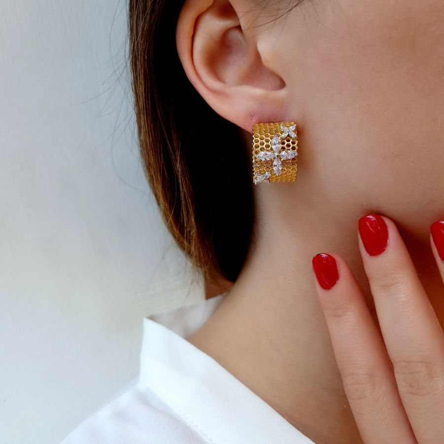 Big Tria Marquise Rosa Bee Honeycomb Gold Silver Hoop Earrings - CNG Jewels (1)