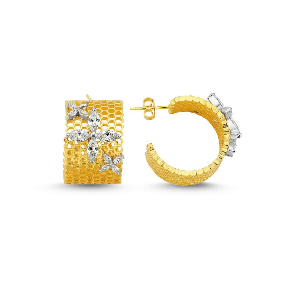 Big Tria Markiz Roza Arı Peteği Gold Gümüş Halka Küpe - CNG Jewels