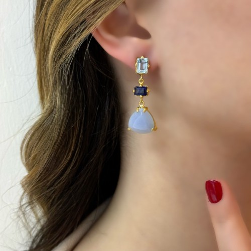 Blue Topaz Safir Kalsedon Taşlı Tasarım Kadın Gümüş Küpe - 2