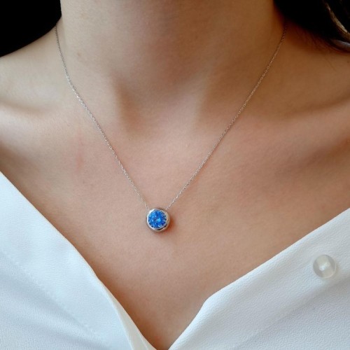 Büyük Akuamarin Renk Tektaş Gümüş Kadın Kolye - 2