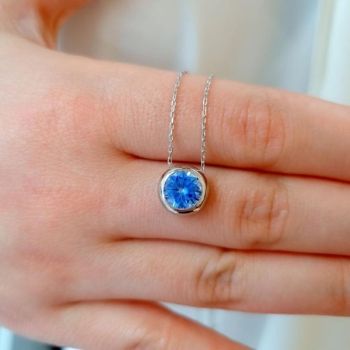 Büyük Akuamarin Renk Tektaş Gümüş Kadın Kolye - 3