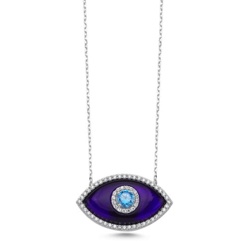 Large Almond Navy Blue Murano Eye Women's Silver Necklace - CNG Jewels