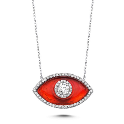 Büyük Badem Murano Kırmızı Göz Kadın Gümüş Kolye - Thumbnail