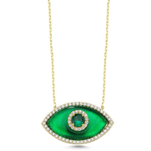 CNG Jewels - Büyük Badem Yeşil Cam Göz Gold Kadın Gümüş Kolye