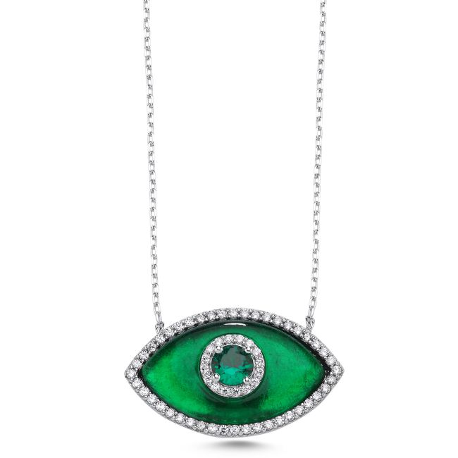 Büyük Badem Yeşil Cam Göz Kadın Gümüş Kolye