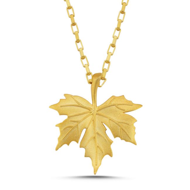 Büyük Çınar Yaprağı Gold Kadın Gümüş Kolye - 1