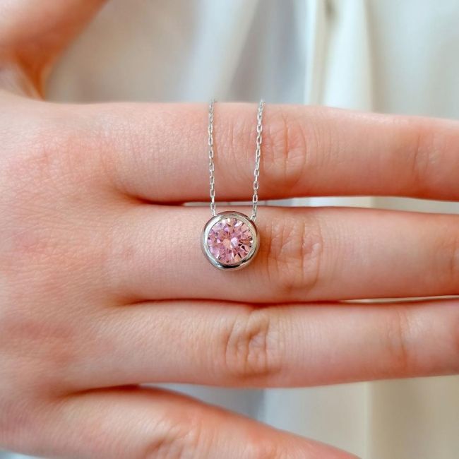 Büyük Pembe Tektaş Gümüş Kadın Kolye - 1