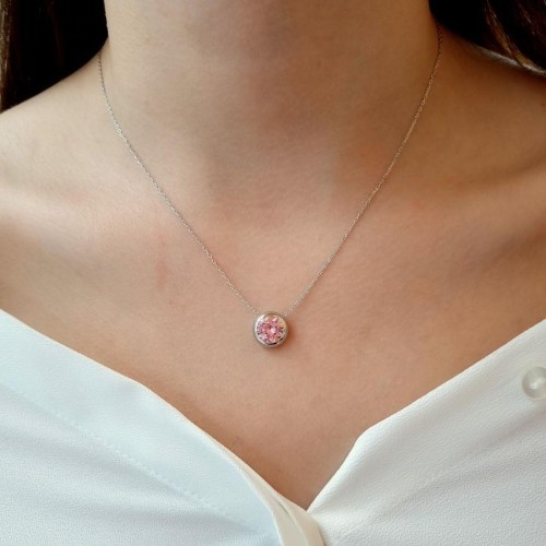 Büyük Pembe Tektaş Gümüş Kadın Kolye - 2