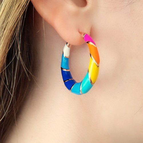 Büyük Renkli Dilimli Gümüş Halka Küpe - 2