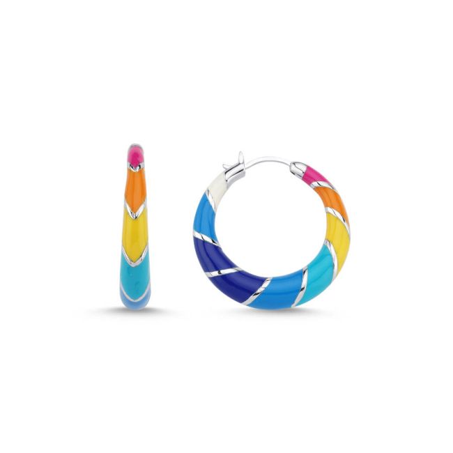 Büyük Renkli Dilimli Gümüş Halka Küpe - 1