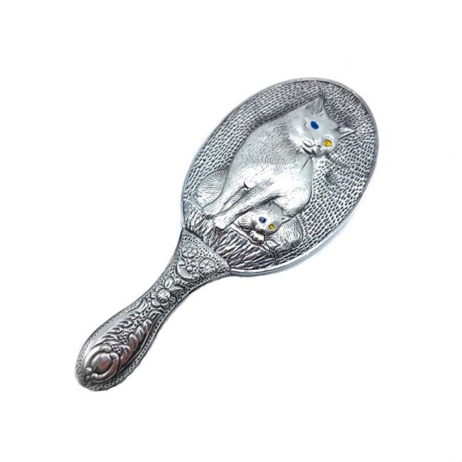 Cat Patterned Silver Hand Mirror No. 2 - 1