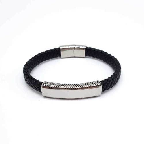 Steel Plate Black Braided Leather Men's Bracelet - CNG Jewels
