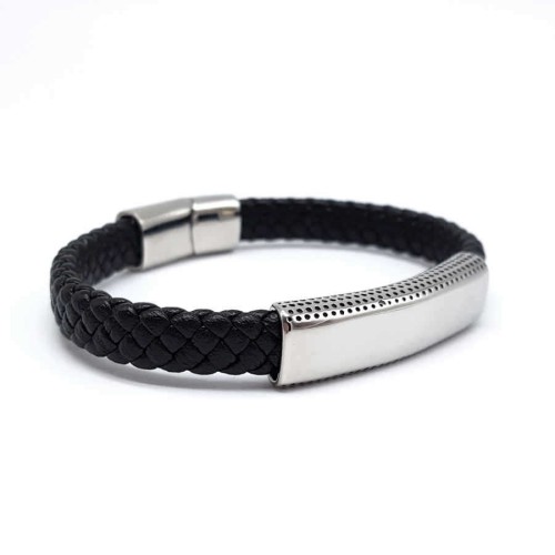 Steel Plate Black Braided Leather Men's Bracelet - CNG Jewels (1)