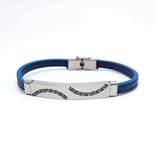 Steel and Blue Striped Thin Leather Men's Bracelet - CNG Jewels