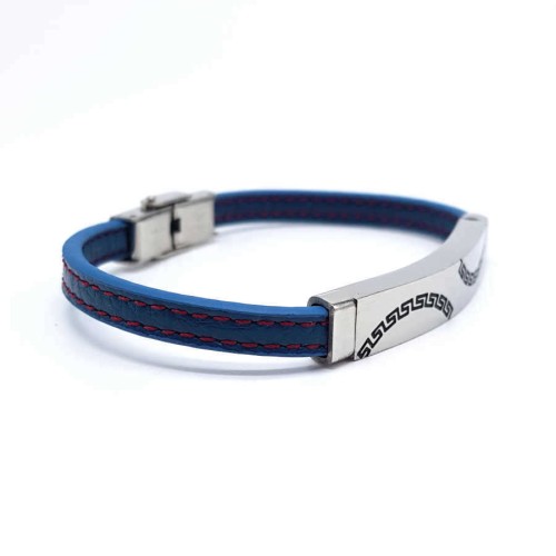 Steel and Blue Striped Thin Leather Men's Bracelet - CNG Jewels (1)