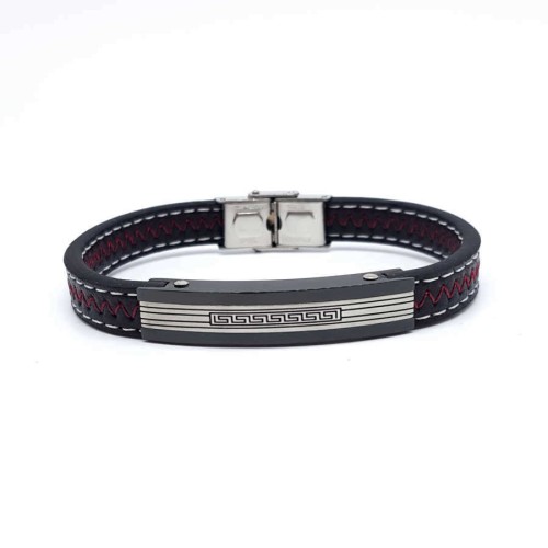 Steel and Black Striped Leather Men's Bracelet - CNG Jewels